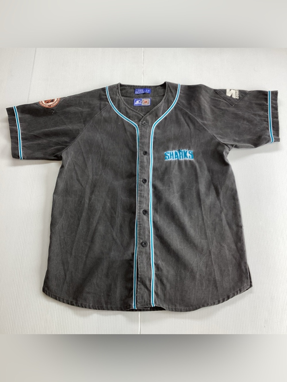 Vintage Starter San Jose Sharks NHL Baseball Button Up Jersey Charcoal Grey L